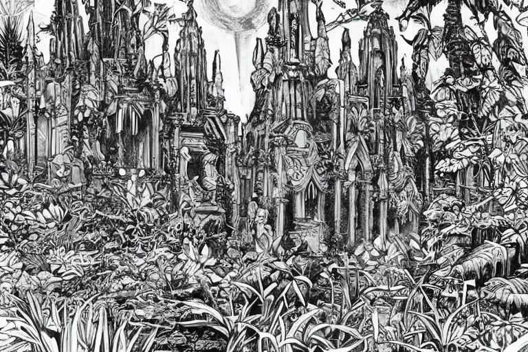 Prompt: stunning ink illustration of a temple complex in a jungle clearing in a fusion of star wars and gothic revival architecture