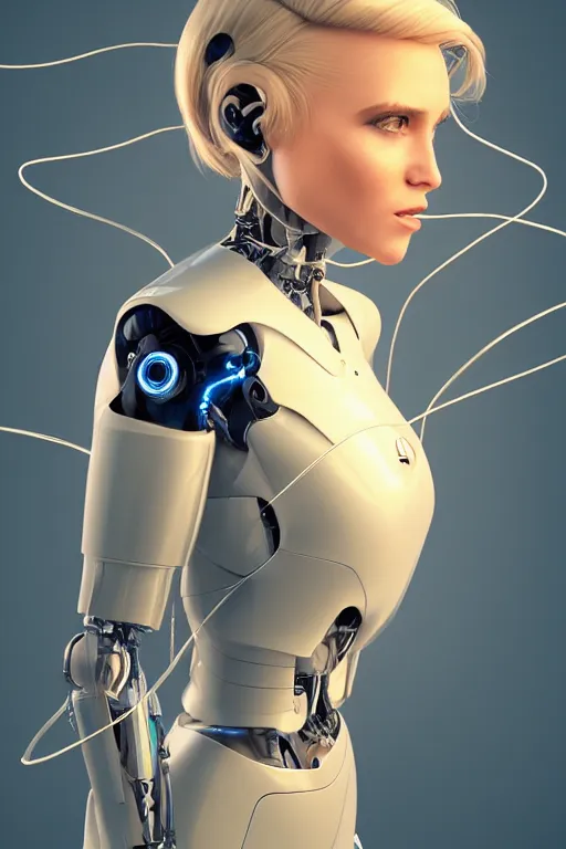 Image similar to a beautiful woman with blonde hair wearing robot suit with wires and light, highly detailed, photorealistic, artstation, smooth