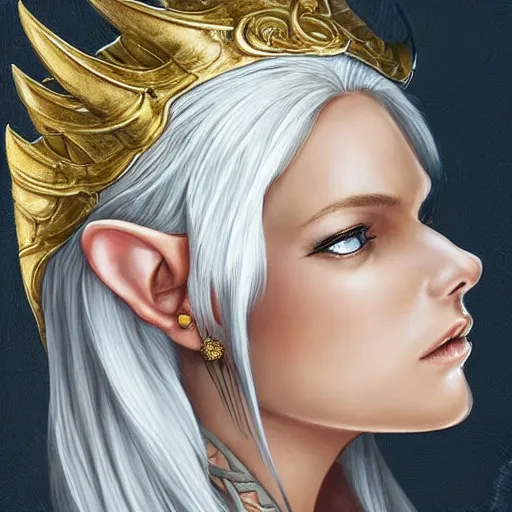 Image similar to side portrait!!! of a female elven warrior, fantasy, head tilted down, white hair, gold armour, gold jewelry, white skin, detailed face, trending on artstation, gsociety, D&D, elegant, highly detailed, sophisticated, hyperrealistic!!!!!, detailed illustration, smooth, sharp focus, upper body, intricate, rule of thirds, holy glow, backlit, hd 4k by Greg Rutkowski, Charlie Bowater, Karol Bak