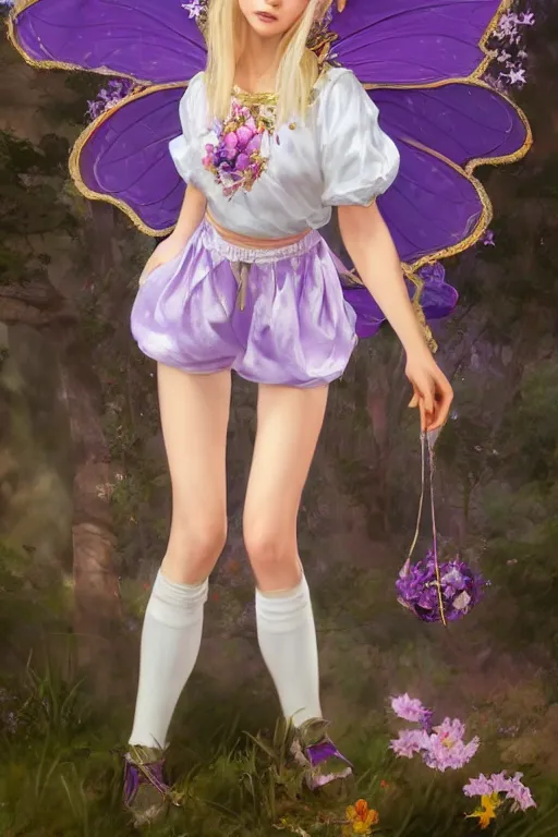 Image similar to Full View fairy maiden with short blond hair wearing an oversized purple Beret, Baggy Purple overall shorts, Short Puffy pants made of silk, silk shoes, a big billowy scarf, Golden Ribbon, and white leggings Covered in stars. covered in embroidery. Short Hair. peasant magic. masterpiece 4k digital illustration by Ruan Jia and Mandy Jurgens and Artgerm and william-adolphe bouguereau, award winning, Artstation, art nouveau aesthetic, Alphonse Mucha background, intricate details, realistic, panoramic view, Hyperdetailed, 8k resolution, intricate art nouveau