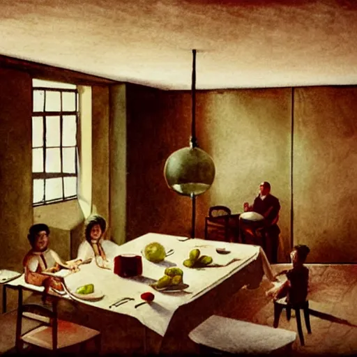 Image similar to apartment in an old Soviet panel building on the top floor, near the window there is a table which is being prepared for dinner, the family is setting the table, outside the window it is evening, a depressing cityscape and a glowing sphere hovering in the sky, realistic rendering, warm dim lighting