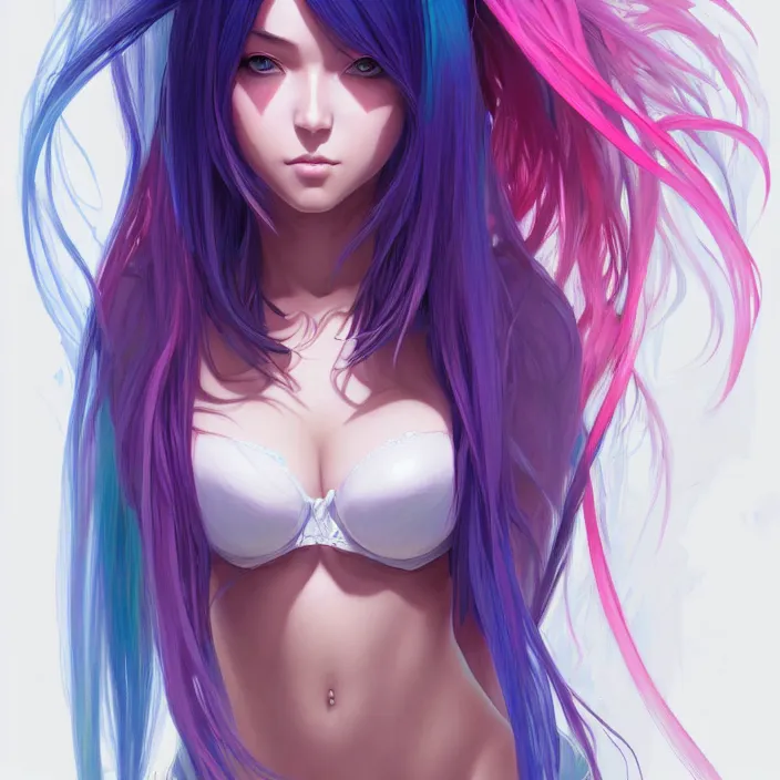 Prompt: portrait of beautiful symmetrical anime girl, rainbow hair, attractive, casual, modern, victoria's secret, highly detailed, digital painting, artstation, concept art, smooth, sharp focus, illustration, art by moebius, artgerm, greg rutkowski and alphonse mucha, 8 k,