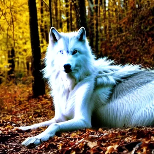 Image similar to a beautiful long - haired white wolf with blue eyes stands in a dormant autumn forest, no yellow color in eyes, no yellow color