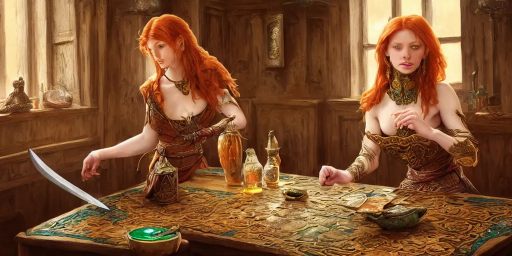 Image similar to ginger woman, sitting and drinking in an ancien tavern and playing with a knife, attractive, warrior, magic the gathering, action pose, ancient, sand, emerald, intricate, highly detailed, digital painting, artstation, concept art, smooth, sharp focus, illustration, Unreal Engine 5, 8K, art by artgerm and greg rutkowski and alphonse mucha