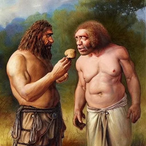 Image similar to one neanderthal saying bruh to another, holding a mushroom, both shocked