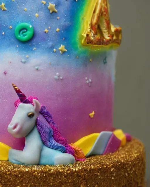 Prompt: photo of a childrens birthday cake unicorn designed by beksinski, bokeh