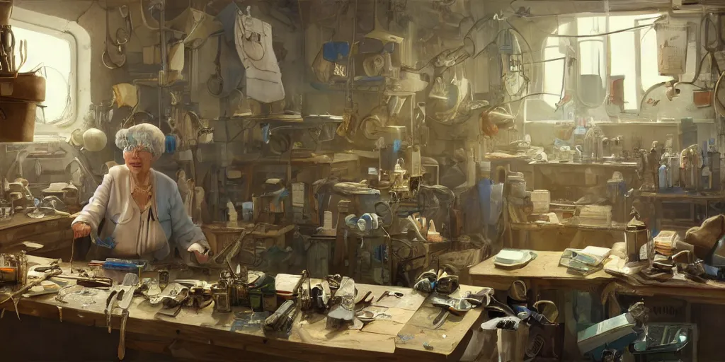 Prompt: an environmental concept art of an elderly russian woman cyberneticist in a cluttered mechanics workshop, surgical implements, surgery table, highly detailed, cinematic, dramatic, cyberpunk, dieselpunk