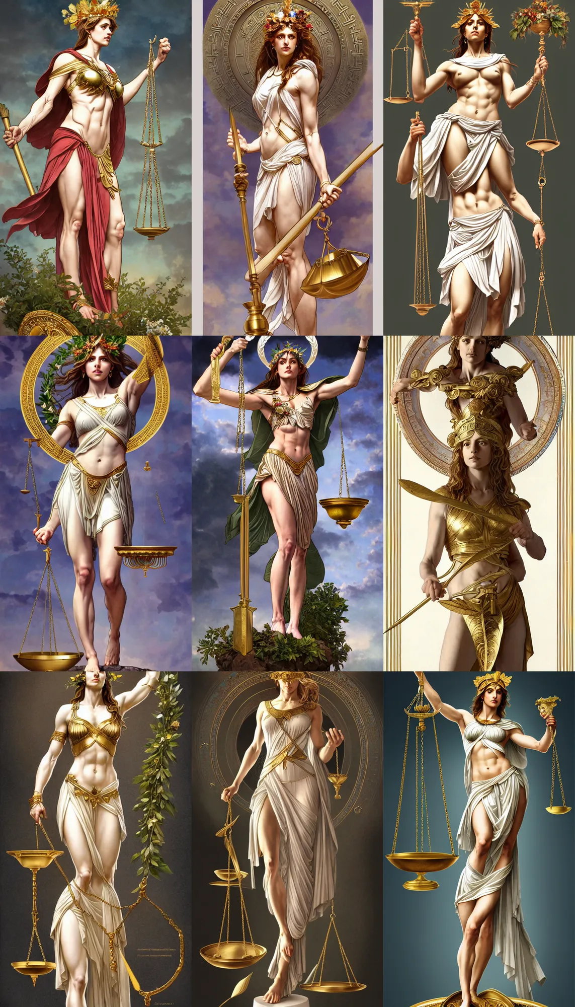 Prompt: a full body portrait of themis the greek goddess, presenting the balance scale of justice!! wearing a laurel wreath, extremely beautiful, anatomically accurate, by artgerm and by greg rutkowski and by alphonse mucha and by simon bisley, radiant light, detailed and intricate environment,