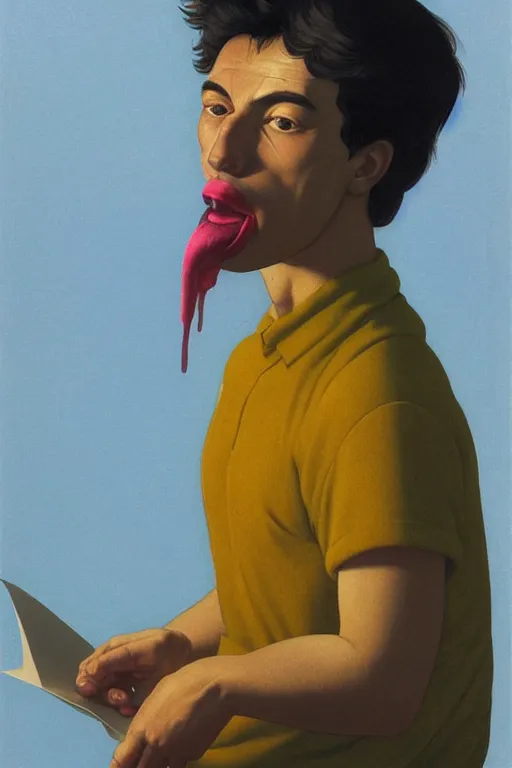 Image similar to a closeup portrait of a young italian man licking a blotter paper of LSD acid on his tongue and dreaming psychedelic hallucinations, by kawase hasui, moebius, Edward Hopper and James Gilleard, Zdzislaw Beksinski, Steven Outram colorful flat surreal design, hd, 8k, artstation