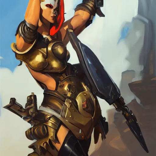 Prompt: greg manchess portrait painting of armored female kratos as overwatch character, medium shot, asymmetrical, profile picture, organic painting, sunny day, matte painting, bold shapes, hard edges, street art, trending on artstation, by huang guangjian and gil elvgren and sachin teng