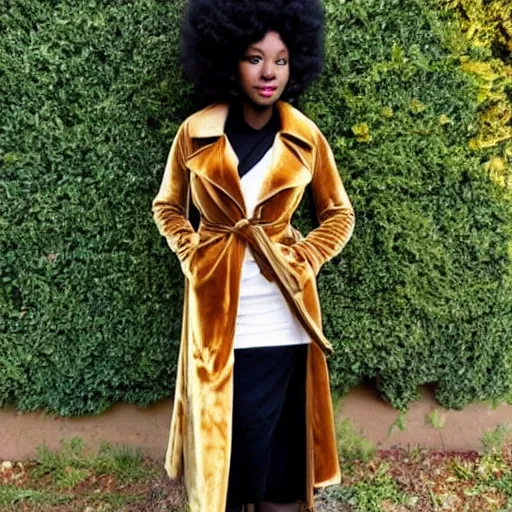 Prompt: a very beautiful black womam with afro hair, wearing a long velvet trench coat