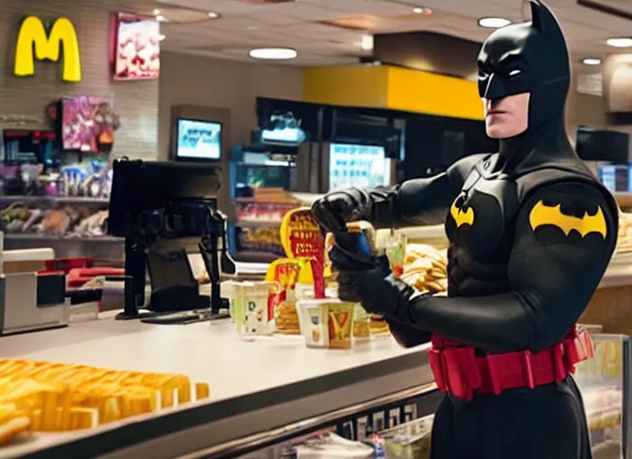 Image similar to film still of Batman working as a cashier at McDonalds in the new batman movie, 4k