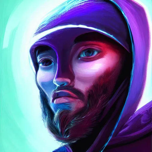 Prompt: a portrait of an ultradetailed futuristic cyberpunk wearing a hoodie on his head, bearded, deep blue eyes, by dylan kowalski, 8 k, purple neon colours, digital painting