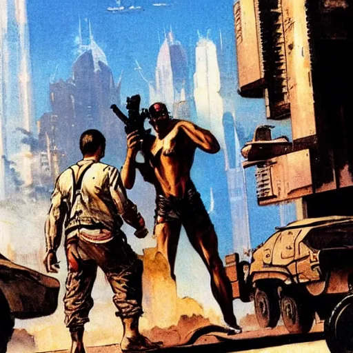 Prompt: gta : dubai, by frank frazetta