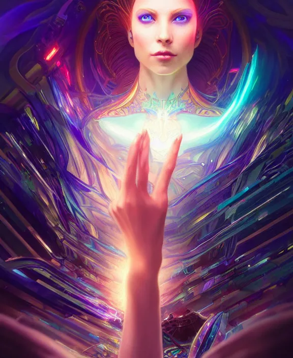 Image similar to a whirlwind of souls rushing inside the metaverse, half body, glowin eyes, tiara with sapphire, pharaoh, android, cyberpunk, d & d, fantasy, intricate, elegant, highly detailed, colorful, vivid color, digital painting, artstation, concept art, art by artgerm and greg rutkowski and alphonse mucha and ruan jia