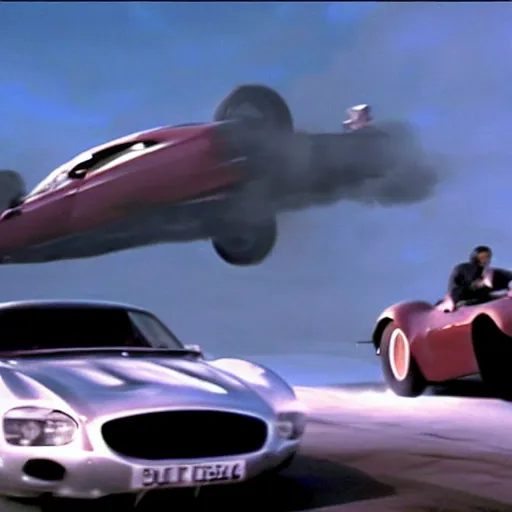 Prompt: car chased by anothrr car which is flying in the sky, movie still of James bond
