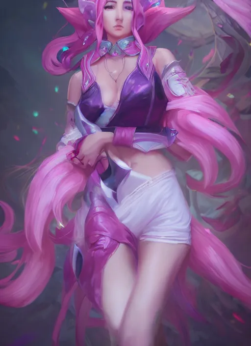 Image similar to ahri, from league of legends, pink heart skill, hyper detailed, digital art, trending in artstation, cinematic lighting, studio quality, smooth render, unreal engine 5 rendered, octane rendered, art style by klimt and nixeu and ian sprigger and wlop and krenz cushart