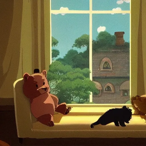 Image similar to bear and cat sitting in couch, by Studio Ghibli, atmospheric, cosy, romantic