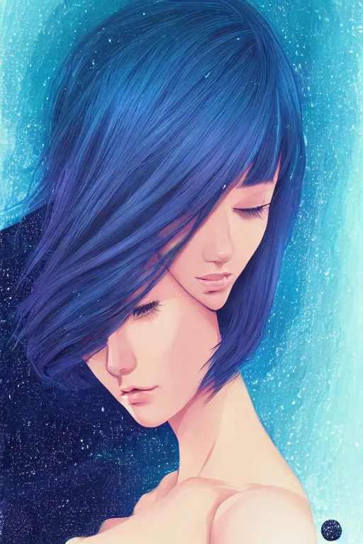 Prompt: centered detailed portrait of a beautiful intimate woman with long blue interstellar galaxy hair, by Ilya Kuvshinov