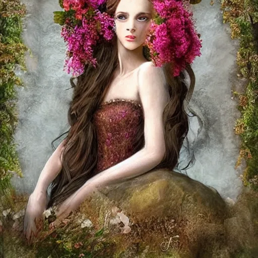 Prompt: portrait portrait of a princess in the castle setting of a girl in the castle of the wilds in the castle - handsome, dramatic style of flower illustration, head sculpted out of wood