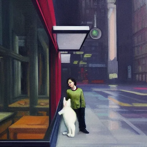 Prompt: “ a girl holding a cat in futuristic new york city, ghostpunk, heavy rain, high detail, oil painting, by edward hopper ”