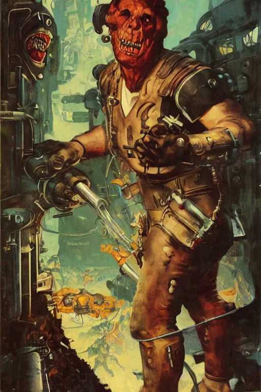 Image similar to 5 0 s pulp scifi fantasy illustration full body portrait monster wrecking laboratory, by norman rockwell, edd cartier, roberto ferri, jack kirby, howard v brown, ruan jia, jason fabok, tom lovell, frank r paul, dean cornwell, astounding stories, amazing, fantasy, other worlds