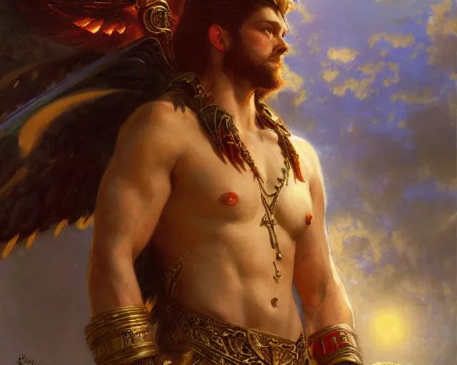 Image similar to attractive pagan male deity, summons handsome lucifer morning star. highly detailed painting by gaston bussiere, craig mullins, j. c. leyendecker 8 k