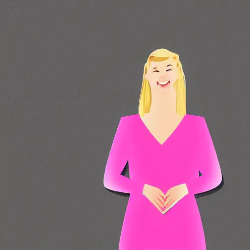 Prompt: digital illustration of a happy woman with bangs and blonde hair wearing a pink dress