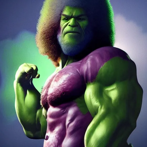 Image similar to photomanipulation of BOB ROSS as hulk with human flesh, marvel, fully detailed, volumetric lightening, octane render, 8k, masterpiece, epic composition