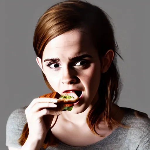 Prompt: professional studio protait of Emma Watson eating a sandwich , Studio Lighting, High Detail, 4K, Title-Shift, Hyperrealism