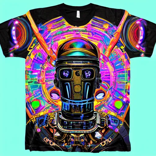 Image similar to mockup of a black tshirt with a hyperdetailed portrait of a steampunk robot on lsd, 8 k, symetrical, flourescent colors, happy trippy mood, multicolored,