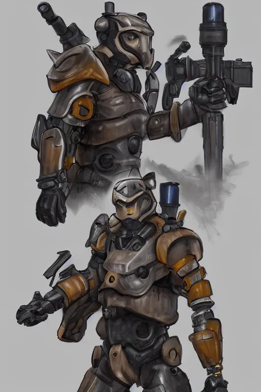 Image similar to fox soldier in a mech armor holding a bazooka, character design, concept art, extremely detailed, trending on artstation