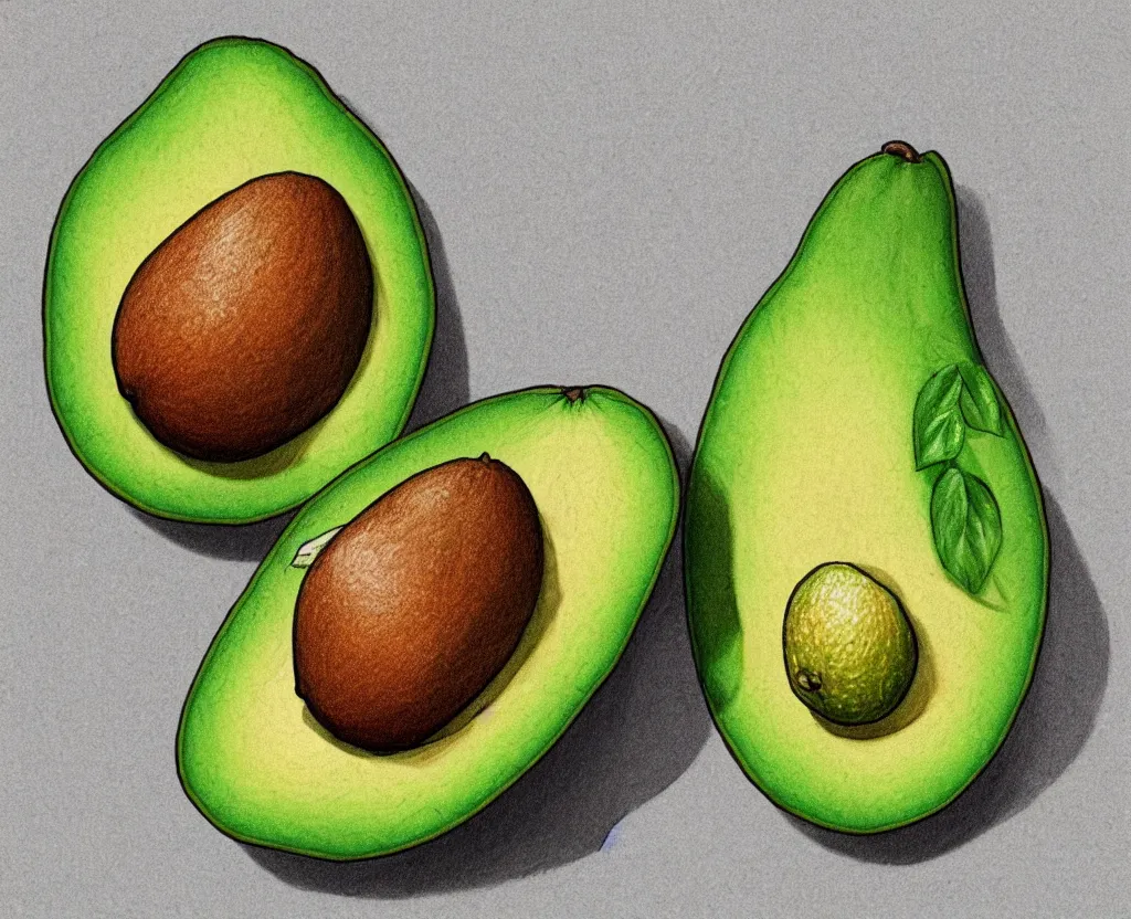 Prompt: illustrated sketch of a ripe avocado. detailed.