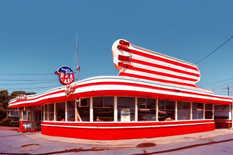 Prompt: 1 9 8 5 crab themed classic american diner, googie architecture, one point perspective, americana, fishcore, restaurant exterior photography, hd 8 k, taken by alex webb