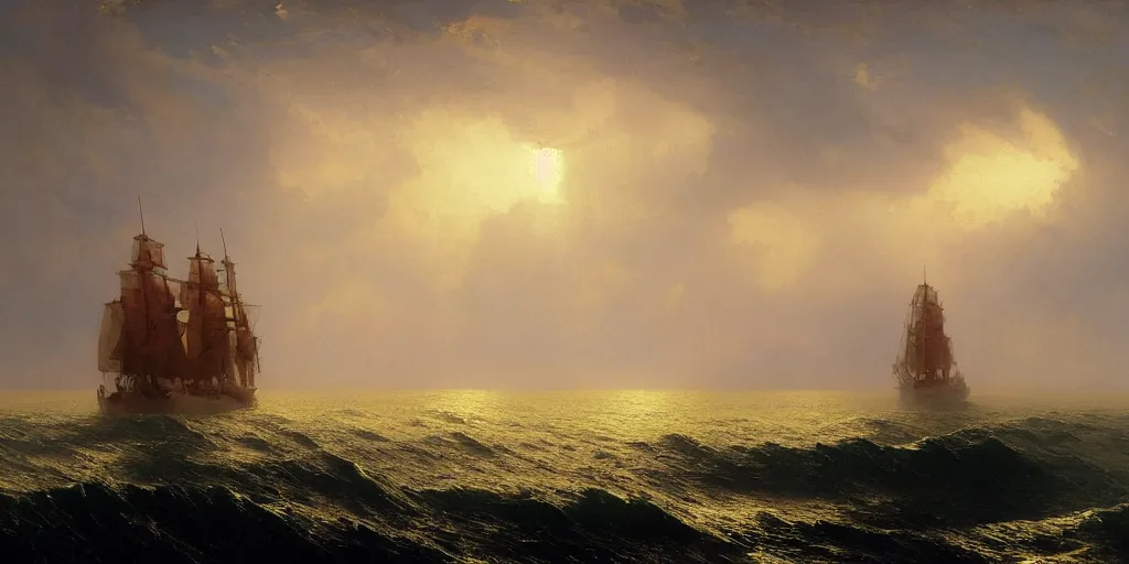 Prompt: Golden hour sea storm, incredible large octopus in the distance, Ivan Aivazovsky, Christopher Balaskas, Noah Bradley, Albert Bierstadt, Jim Burns, Edwin Church, Frederic Thomas Cole, Brown Durand, Asher David Friedrich, Caspar James Gurney, Johnson Heade, Martin Raphael Lacoste, Ted Nasmith, Andreas Rocha, Christophe Vacher