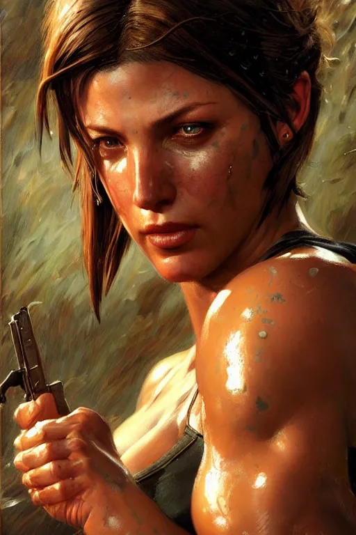 Image similar to muscular sweat jill valentine, covers with mud exhausted face close up, highly detailed painting by gaston bussiere, craig mullins, j. c. leyendecker 8 k