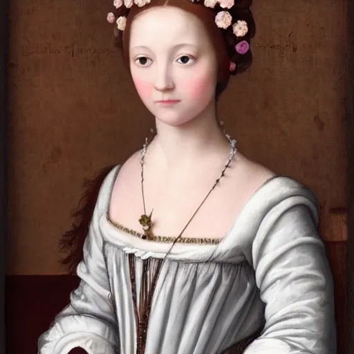 Prompt: portrait of a young lady pink cheeks wearing renaissance dress pale grey and white flowers in the style of renaissance oil painting background renaissance paintings with gold