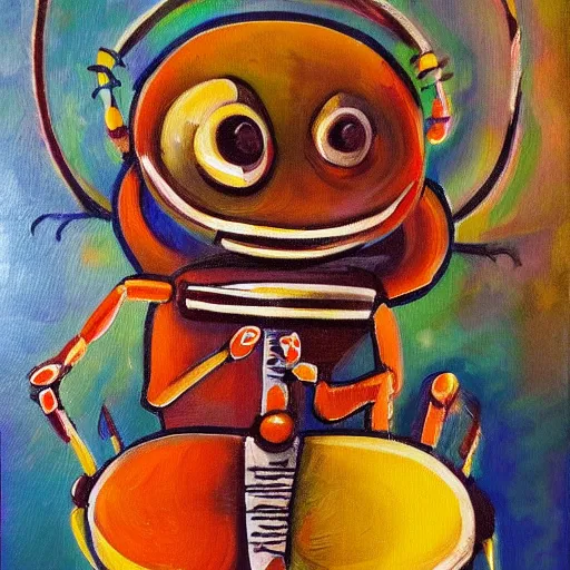 Image similar to a funky little beetle playing a bongo at a party, oil painting, high detail, funky!