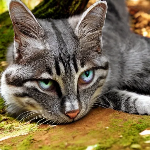Image similar to wounded grey striped cat lying on the ground in a warrior cats forest, unreal engine
