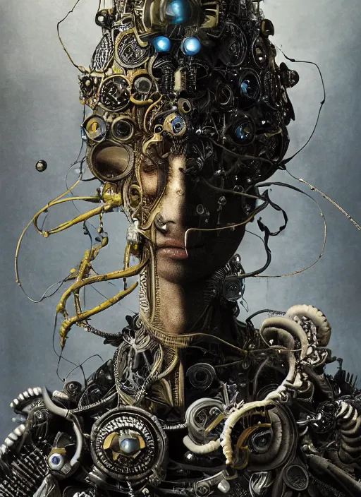 Prompt: portrait of futuristic king arthur knight medusa cyborg, surrounded by drones kintsugi, x - ray, steam and cyberpunk, modern fine art, fractal, intricate, elegant, highly detailed, digital photography, subsurface scattering, by jheronimus bosch and frank miller and greg rutkowski,