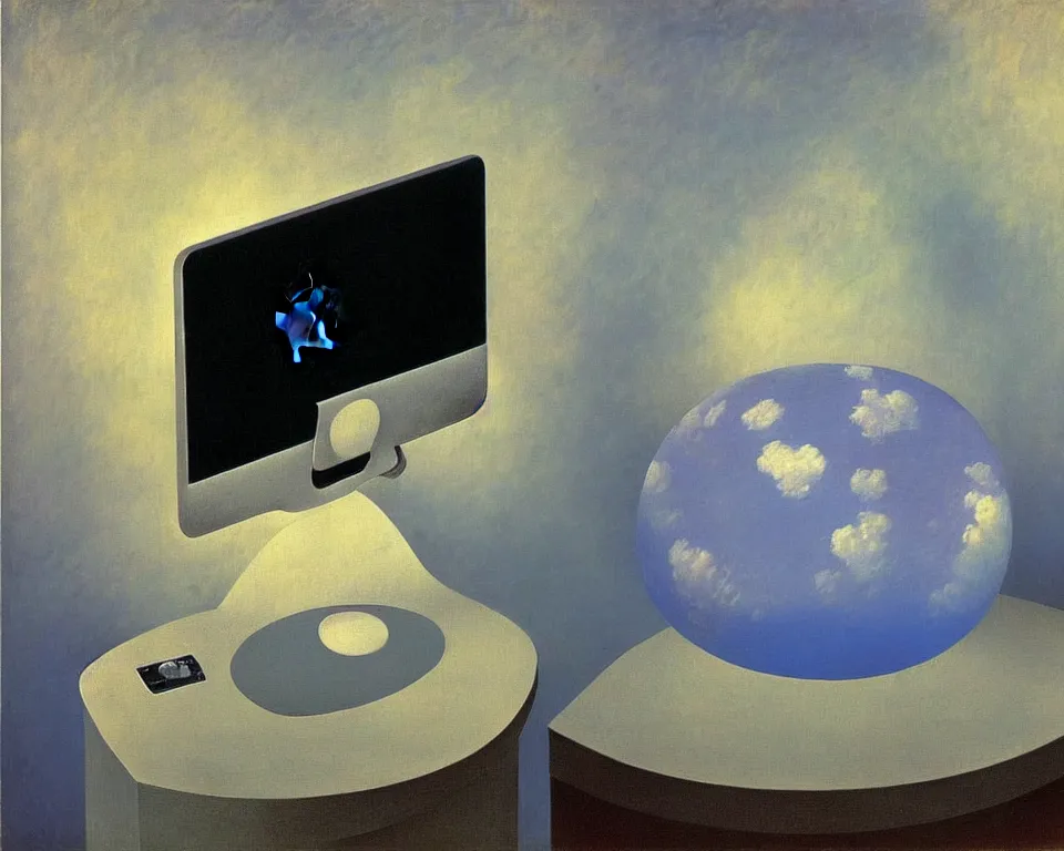 Image similar to achingly beautiful painting of a imac g 3 by rene magritte, monet, and turner. whimsical.