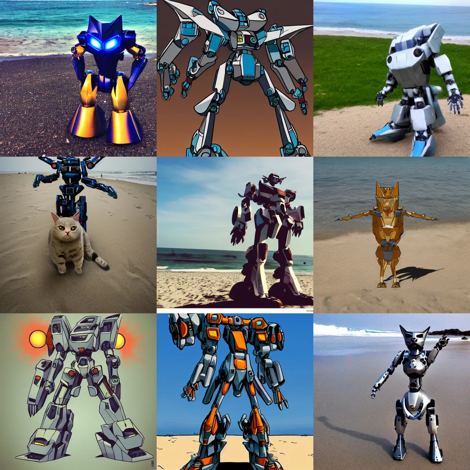 Prompt: mecha cat evolving, beach, filmic, ascending, divine