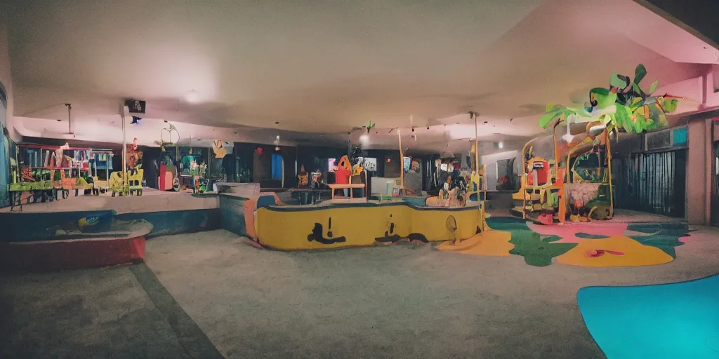 Image similar to a weird modern place, house, playground, office, pool, bar, pub, interior, room, hall way with eerie feeling, disposable colored film camera, camera flash, unusual place, unsettling, kids place, night scene