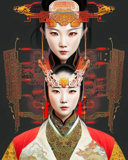 Image similar to portrait of a chinese cyberpunk machine, machine face, upper half portrait, decorated with chinese opera motifs, regal, asian, fine china, wuxia, traditional chinese art intricate intense elegant 京 剧 highly detailed digital painting artstation concept art smooth sharp focus illustration, art by artgerm and greg rutkowski alphonse mucha 8 k