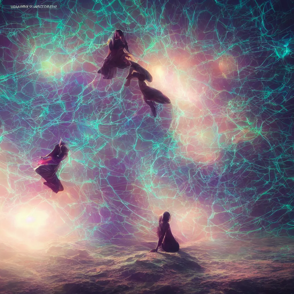 Prompt: letting go of reality and experiencing the opalescent web of interconnectedness between all things. matte painting comic book art, cinematic, highly detailed, realistic, beautiful cosmic neural network, octane render, unreal engine, depth of field, trending on artstation, sharp focus, philosophical splashes of colors