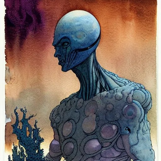 Image similar to a simple and atmospheric watercolour portrait of a pulp sci - fi alien god, very muted colors, by rebecca guay, michael kaluta, charles vess and jean moebius giraud