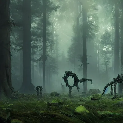 Image similar to skulls of long gone monsters cover the forest floor, digital art by Greg Rutkowski, trending on artstation, octane render, 4k wallpaper, sunlight, volumetrics