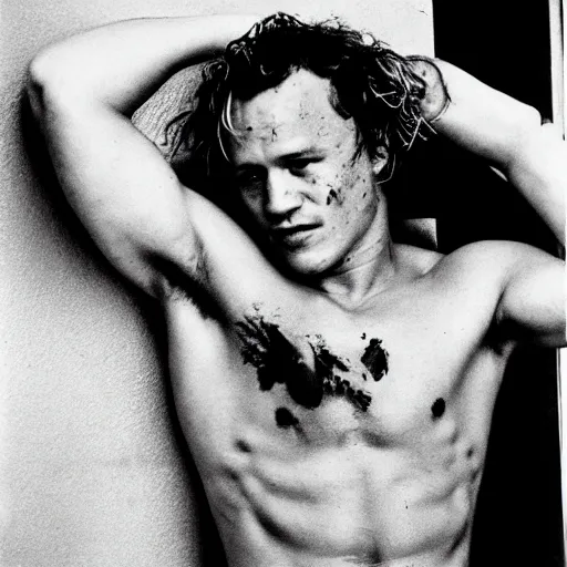 Prompt: heath ledger, shirtless, photographed by larry clark