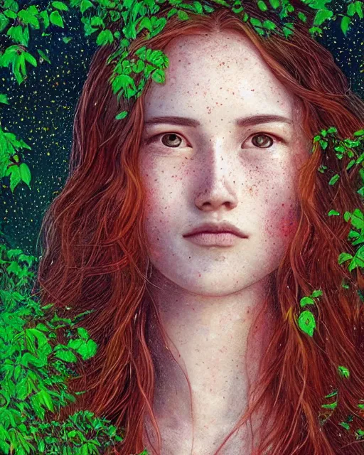 Image similar to a young woman, amazed by the lights of golden fireflies, sitting in the midst of nature fully covered, long loose red hair, intricate linework, open green eyes, small nose with freckles, oval shape face, soft happy smile, realistic, expressive emotions, mystical scene, hyper realistic ultrafine detailed illustration by james jean and albert bierstadt and artgerm