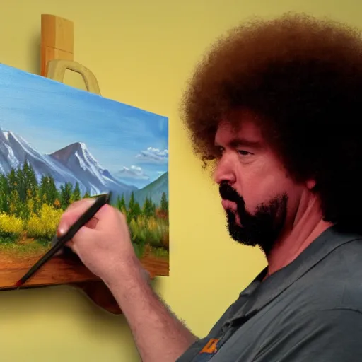 Image similar to a closeup photorealistic photograph of bob ross crafting an image of kenny powers autographing a baseball, painting on a canvas. mountains and trees. film still. brightly lit scene. this 4 k hd image is trending on artstation, featured on behance, well - rendered, extra crisp, features intricate detail, epic composition and the style of unreal engine.